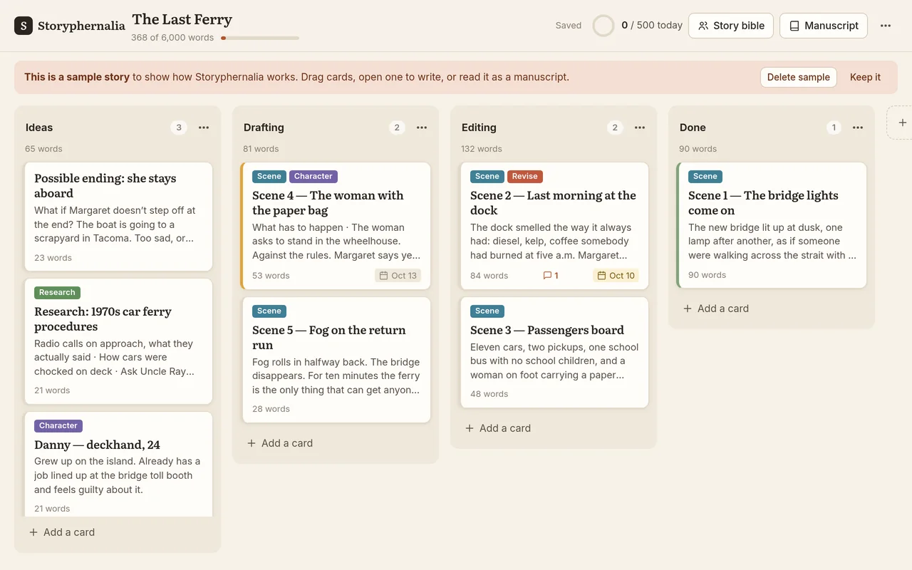 Storyphernalia: a board of story cards in columns