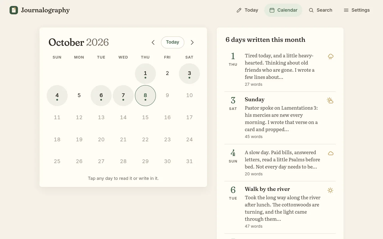 The calendar view on a computer: days with entries are tinted with a dot, next to a list of the month’s entries