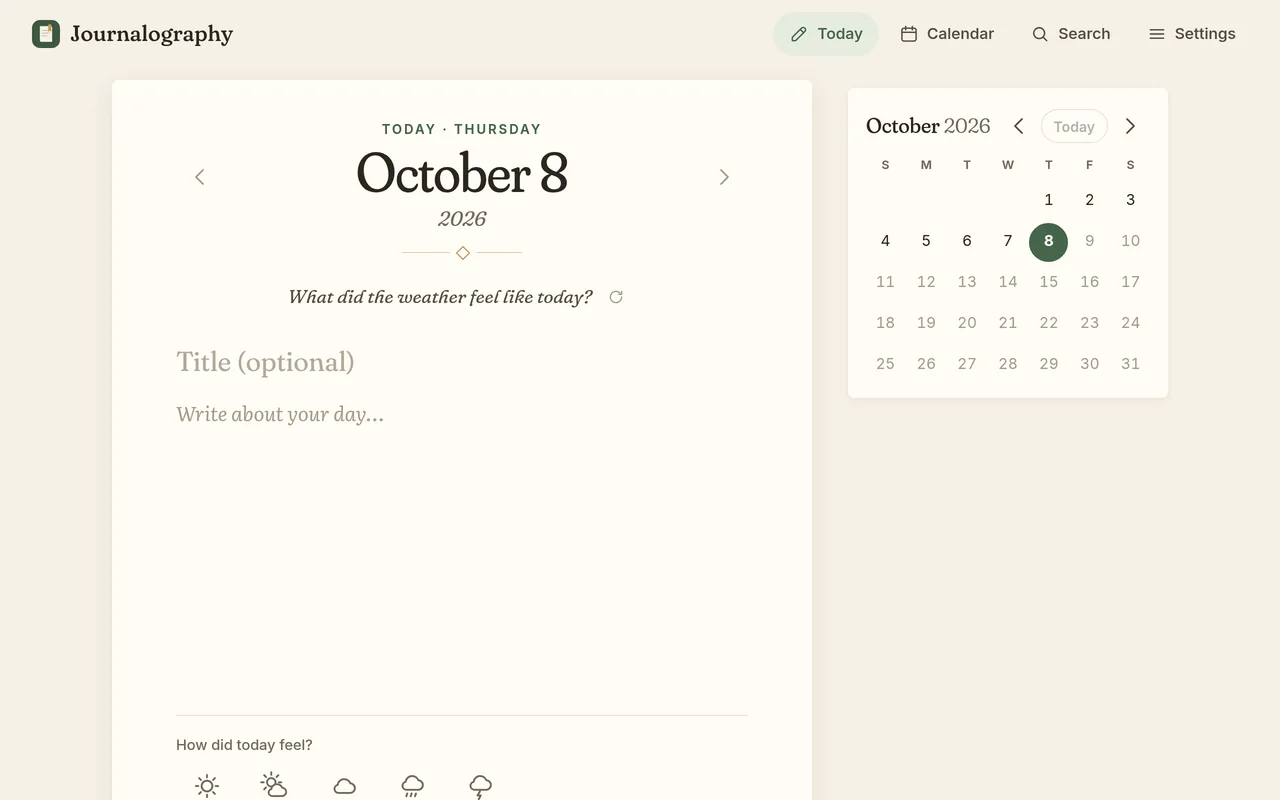 A fresh page for today, with an optional title, a gentle prompt and a month calendar beside it