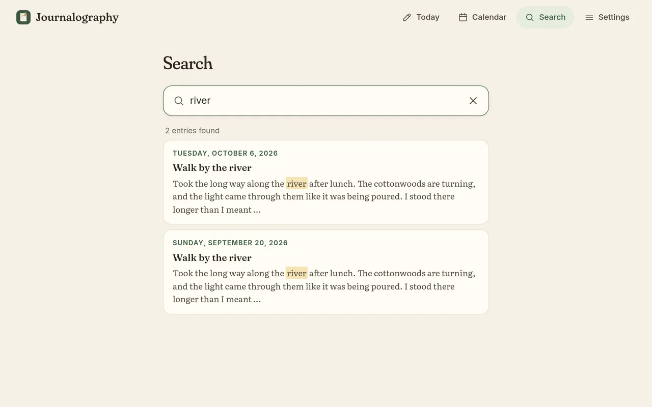 Searching for “river” finds two entries, with the word highlighted