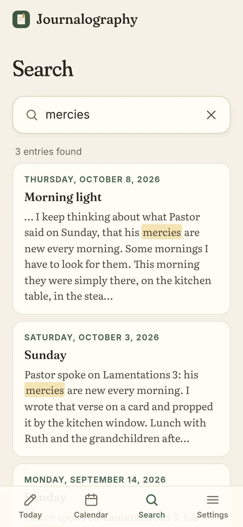 Searching for “mercies” on a phone finds three entries