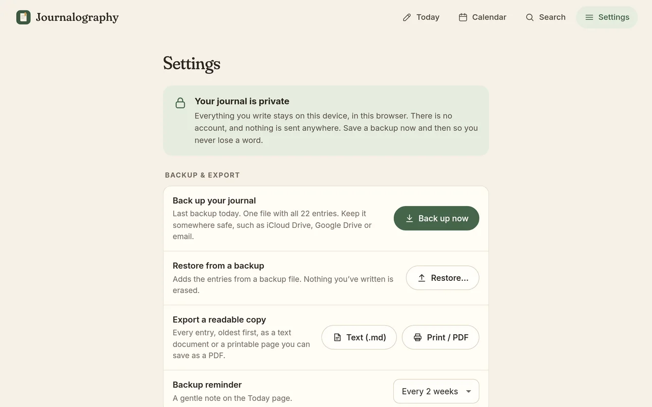 Settings: back up your journal, restore from a backup, export a readable copy, and choose a backup reminder