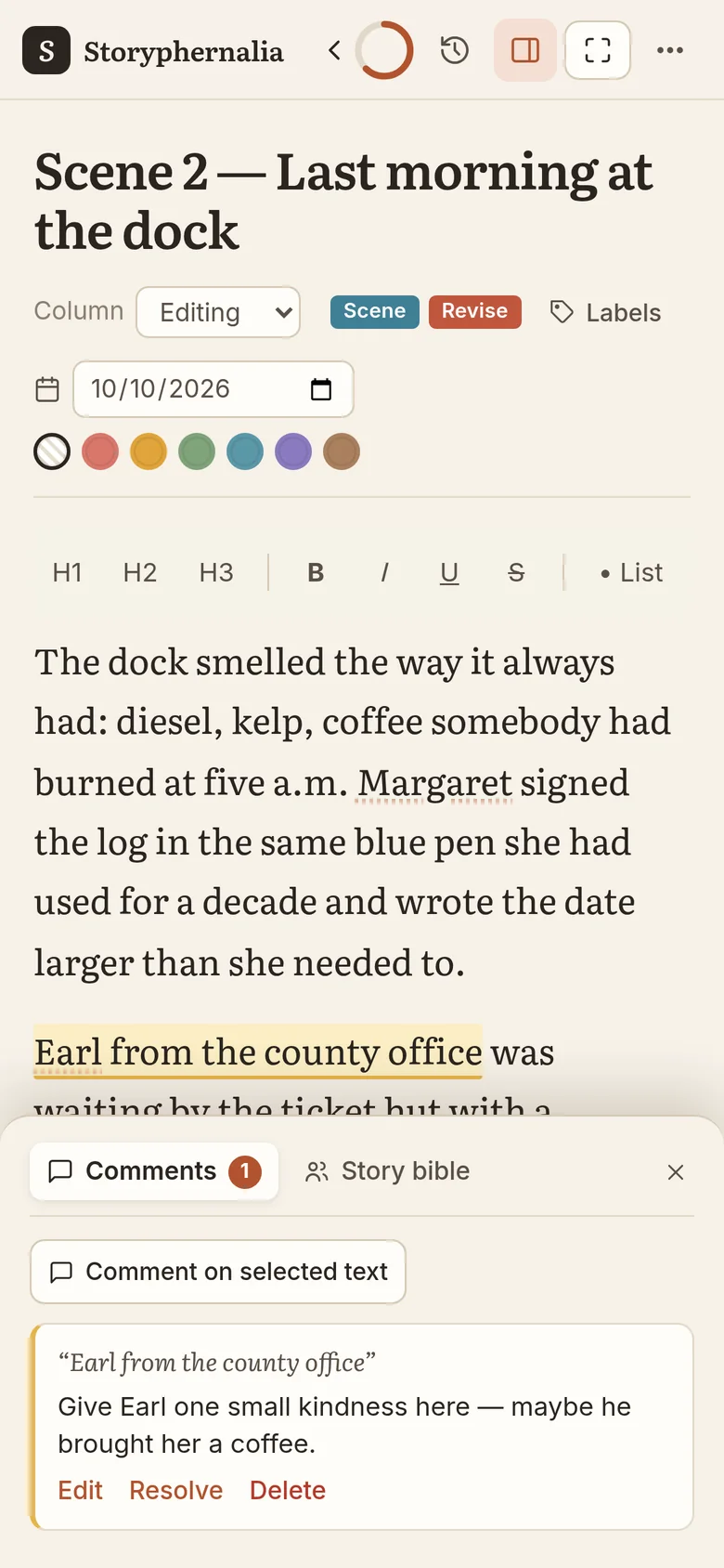A private comment pinned to a phrase, shown in a drawer on a phone