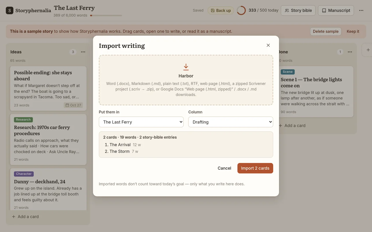 The import window with a Scrivener project loaded, previewing two cards and two story bible entries